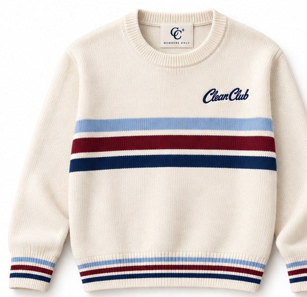 Cream Club Knit sweater with powder blue, burgundy and navy stripes and embroidered Clean Club script